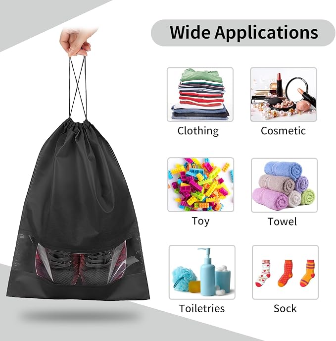 12 Pack Shoe Bags for Travel, Large Travel Shoe Bag for Packing with Window | Dustproof Drawstring Travel Shoe Storage Bags Travel Essentials for Men & Women, Black - Image 6