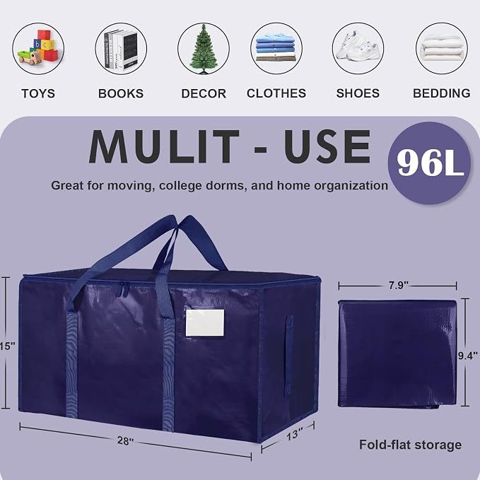 6 Pack-Extra Large Heavy Duty Moving Bags - Waterproof Storage Totes with Handles & Zippers, Foldable for College Dorm, Storage (Dark Blue) - Image 2