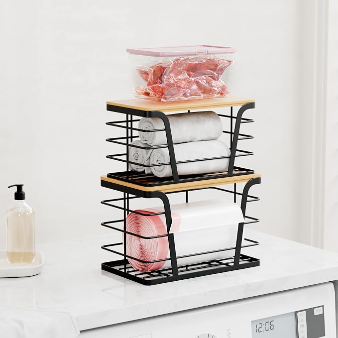 TIDIIABODE 2 Pack Stackable Storage Laundry Kitchen Organizers, Wall Mount Trash Bag Holder with Bamboo Top and Garbage Bag Dispenser No Drill - Image 6