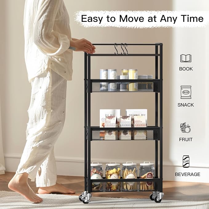 DGSNADGO Slim Rolling Storage Cart, 4-Tier Narrow Kitchen Cart with Wheels | Skinny Rolling Cart, Metal Mobile Snack Shelving, Rolling Spice Rack for Small Space in Kitchen, Living Room,Bathroom, Black - Image 4
