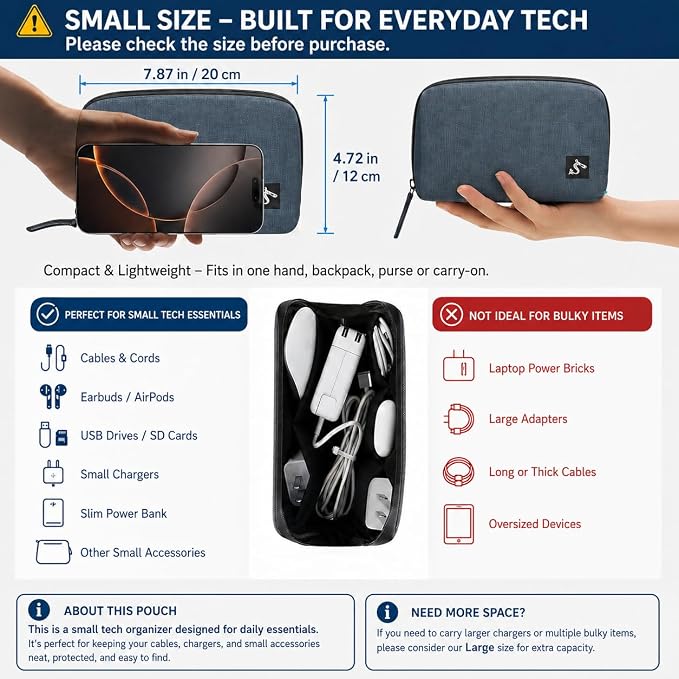 Small Electronics Organizer Travel Case, Cord and Cable Tech Bag Pouch | Compact soft tech Bag pouch for cables cords chargers earbuds and slim power bank water-resistant for travel, cruise and work - Image 3