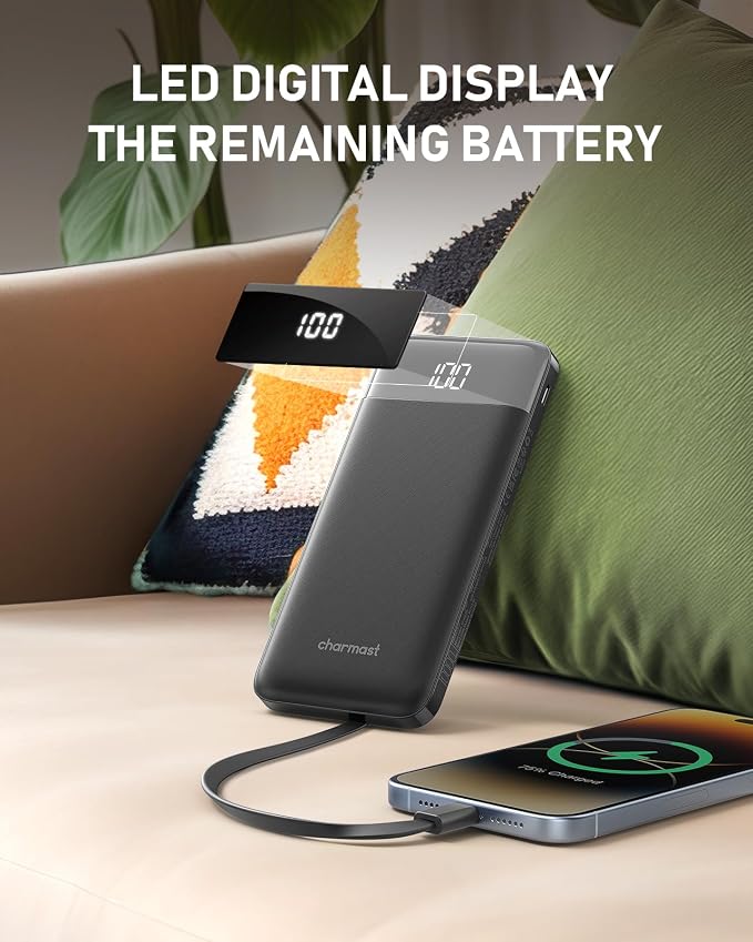 charmast Portable Charger Built-in Cables, 10000mAh Slim Power Bank Pocket | 22.5W Fast Charging Battery Pack for iPhone 17/16/15 Samsung Android, Flight-Approved, Multi-Device, USB-C, Daily Commute - Image 7