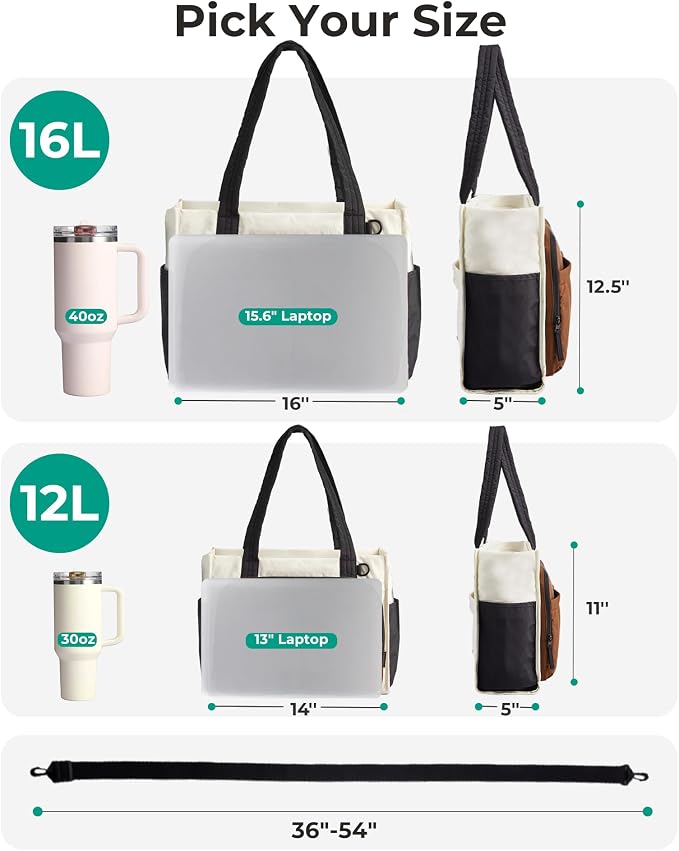 BAGSMART Tote Bag for Women, Puffy Laptop Work College Shoulder Handbag | 30oz or 40oz Tumbler Holder with Crossbody Strap, 13 inch or 15.6 inch Laptop Sleeve, Water Resistant Puffer Teacher Tote Bag - Image 4