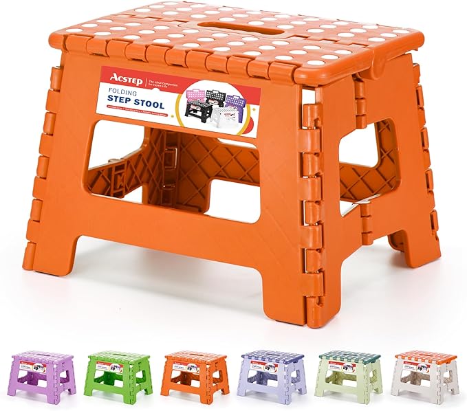 Folding Step Stool 9 Inch for Kids and Adults, 300 lbs, Orange | Lightweight Plastic Small Foldable Step Stool with Handle, Non-Slip, for Kitchen, Bathroom, Bedroom and Closet by ACSTEP