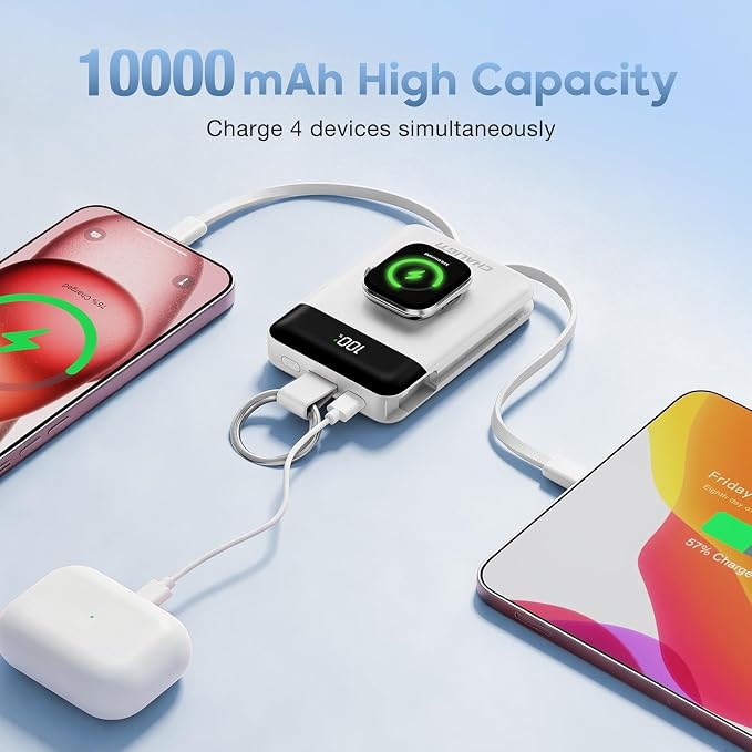 10000mAh Portable Charger,22.5W Power Bank& iWatch Charger,White | LED Display,Built-in Cables,Super Fast Charging,Travel Keychain Battery Pack for iPhone 17/16/15/14/13/12,Apple Watch Series - Image 2