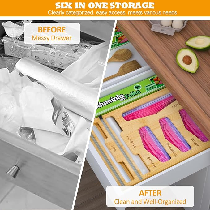 DALSHABET Bamboo Bag Organizer with Magnetic Closure, 6 In 1 Kitchen Drawer Foil and Plastic Wrap Dispenser with Cutter, Storage bag for Gallon, Quart, Sandwich, Snack Beige - Image 4