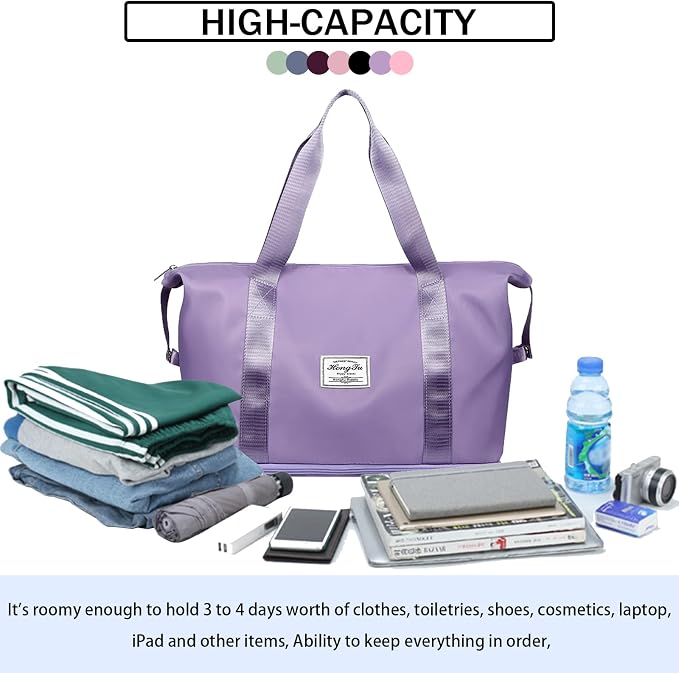 INVODA Travel Duffel Bag For Women and Men Waterproof Expandable Weekender Overnight Carry On Tote Bag Dry Wet Separation Swim Sports Travel Gym Bag (Purple) - Image 8