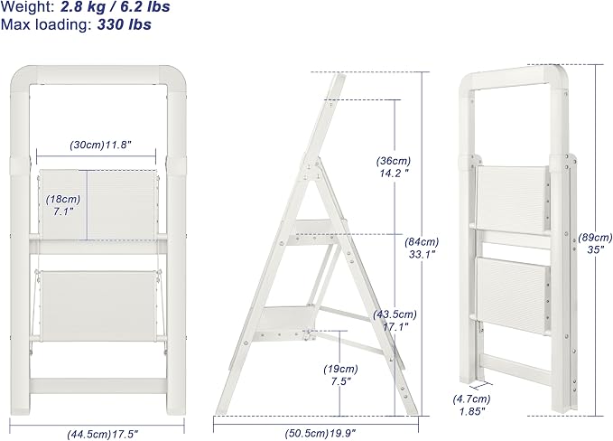 Step Ladder 2-Step White Finish Aluminum Folding Ladders | Anti-slip Sturdy Foldable Ladder Step Stool for Kitchen Home Office Libaray - Image 2