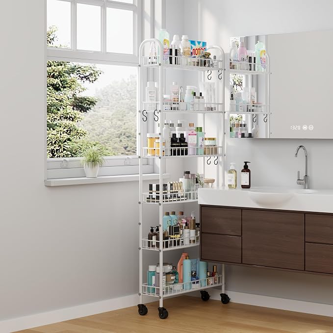 6 Tier Slim Rolling Storage Cart with Wheels, Metal Mobile Shelving Unit Organizer Utility Cart for Office Bathroom Kitchen Laundry Room Narrow Places (White 6 Inches) - Image 8