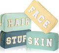 Preppy Makeup Bags Chenille Letter Stuff Bag Nylon Cosmetic Pouch Cases with Zipper for Women Travel Toiletry(Mint Color,Classic,4 Pcs) by Cunno