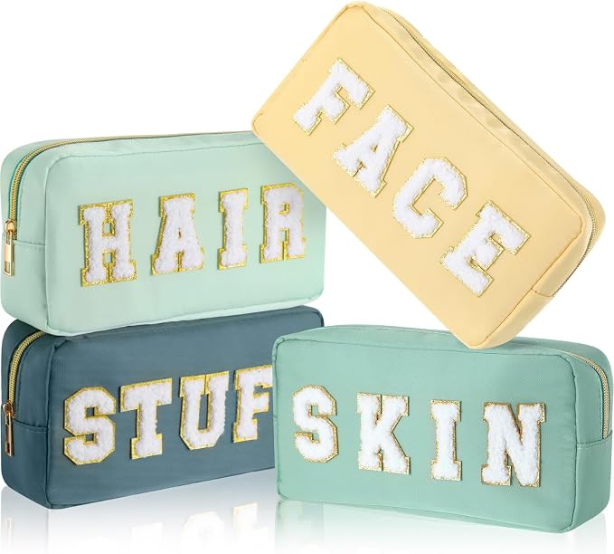 Preppy Makeup Bags Chenille Letter Stuff Bag Nylon Cosmetic Pouch Cases with Zipper for Women Travel Toiletry(Mint Color,Classic,4 Pcs) by Cunno