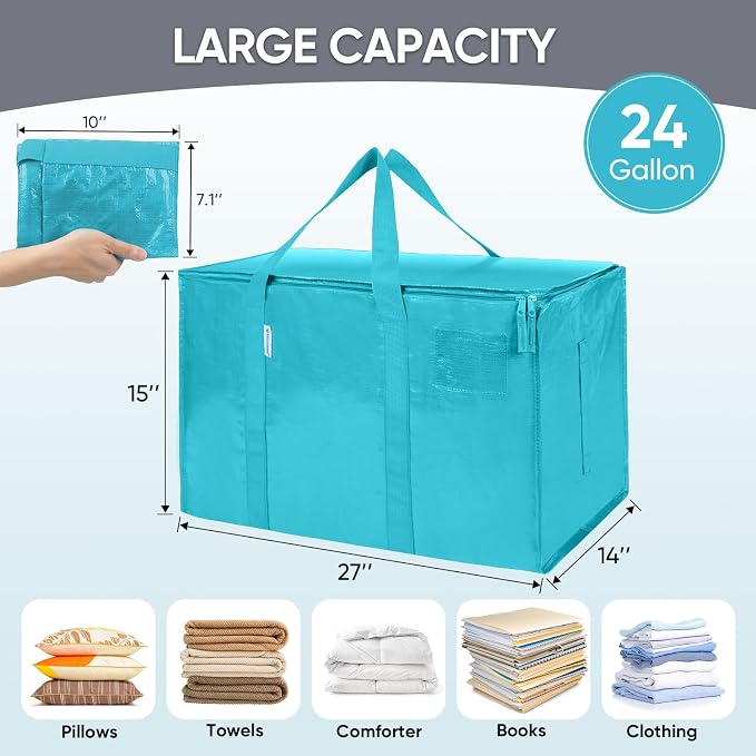 TICONN 6 Pack Extra Large Moving Bags Heavy Duty with Zippers & Carrying Handles, Durable Storage Bags Moving Boxes for Closet Organizers and Storage (6 Pack, Aqua) - Image 5