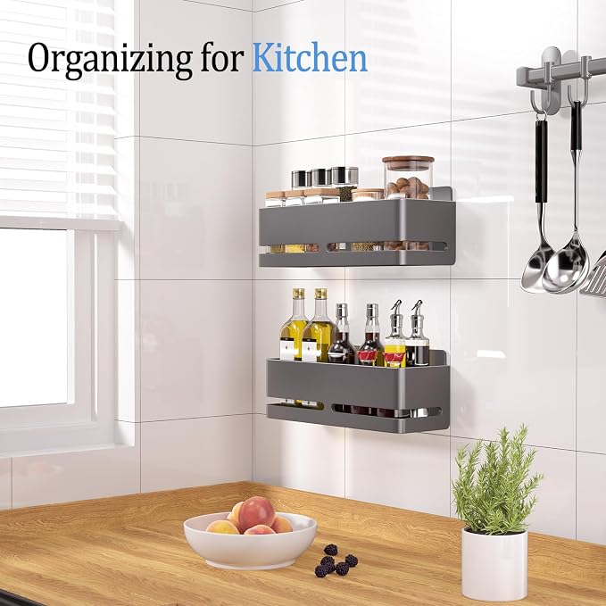 Shower Caddy 2-Pack Shower Shelf, Heavy-Duty Bathroom Storage Shelf | Large Capacity No-Drill Bathroom Organizer, Gray Aluminum Storage Basket, Adhesive Installation - Image 6