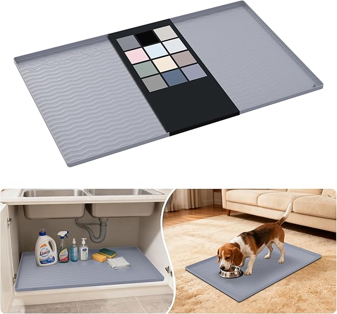 URMONA Waterproof Silicone Under Sink Mat 34'' x 22'' Shelf Liner for Kitchen and Bathroom, Cabinet and Counter Protector, Storage and Organizers, Litter Mat, Pet Cat Puppy Essentials(Light Grey 1pcs) by URMONA