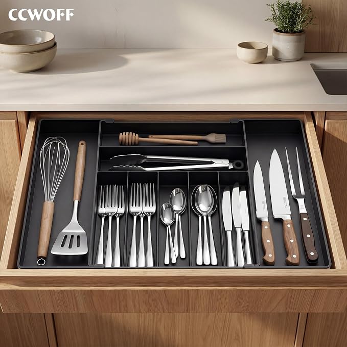 Silverware Drawer Organizer, 9 Slots Expandable Kitchen Drawer Organizer | Extra Large Utensil Holder & Cutlery Tray, Heavy Duty Stainless Steel Frame Flatware Organizer, Non-Slip Feet Included, Black - Image 9
