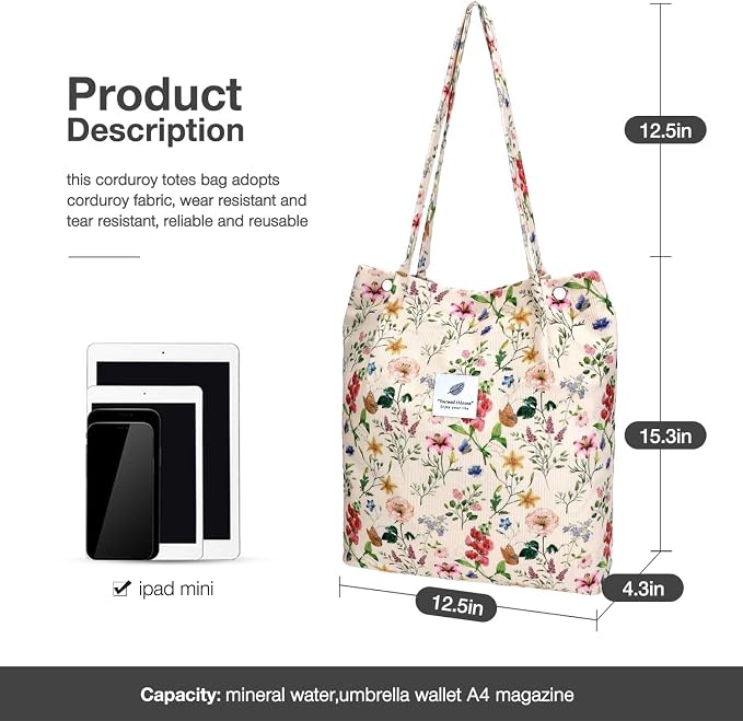 LHMTQVK Corduroy Tote Bags for Women, Large Capacity Tote Purse Reusable Grocery Shoulder Bag with Inner Pockets - Image 2