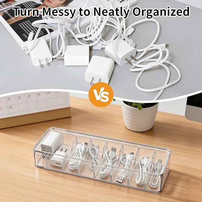 Cable Organizer Storage Box with Lid - Clear Phone Charger Cord Organizer Case - Cables Wire Management Box with Adjustable Compartments 10 Wire Ties for Drawer Desk Office Home Accessories(1 pack) - Image 3