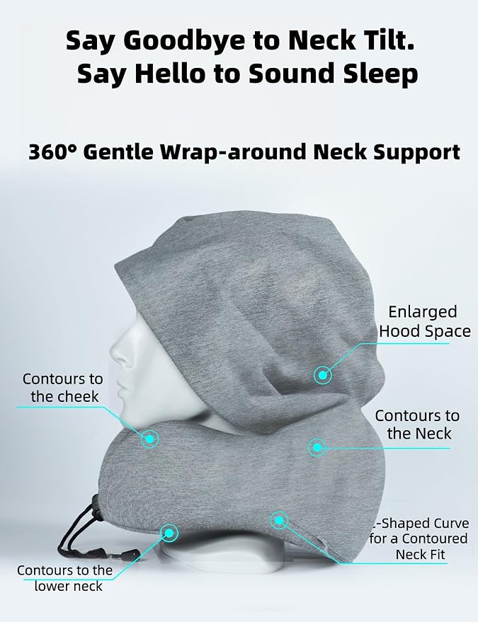 Travel Neck Pillow with Extra Large Hood Rollable Airplant Hooded Neck Pillow with Memory Foam Filling and Removable, Skin-Friendly Cover with a Carrying Pouch - Image 4