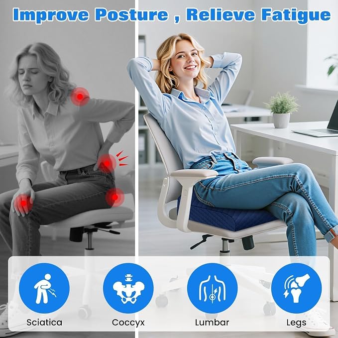 Seat Cushion, Office Chair Cushion, Chair Pad, Large, Blue, Large | Memory Foam, Washable Cover, Non-slip Bottom, Portable Handle, for Office, Home and Car - Image 6
