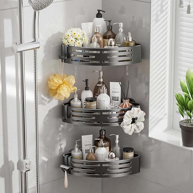 Corner Shower Caddy Suction Cup,Shower Shelves with Hooks,No Drilling Powerful Suction Bathroom Organizers and Storage,Removable Waterproof Rustproof Shower Bathroom Accessories Decor(Grey 3Pack) by ONXEBornforqualityNeverWasteYourMoney