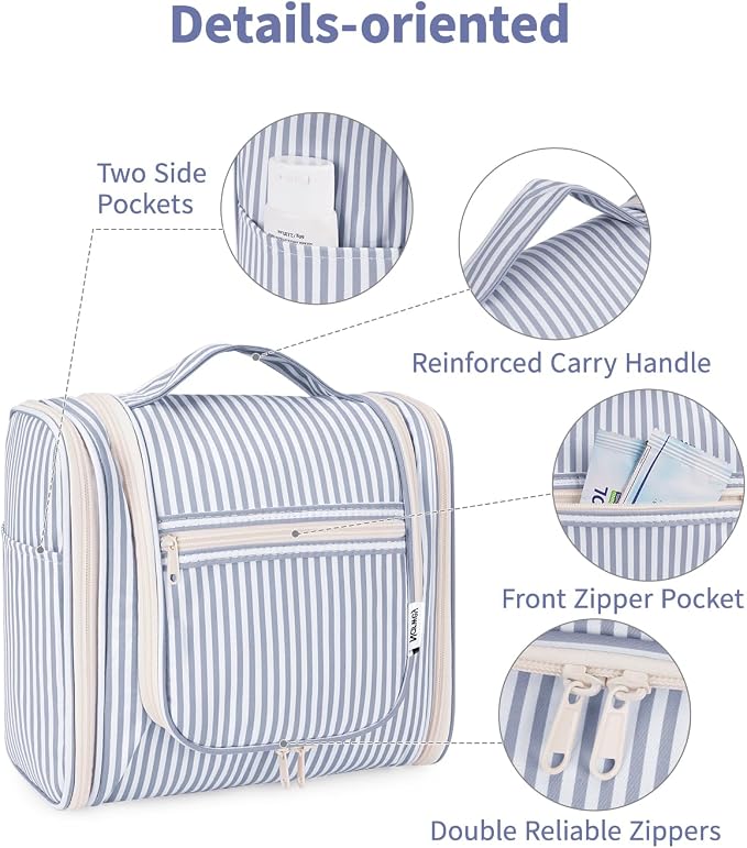 Narwey Striped Hanging Travel Toiletry Bag for Women, Travel Bag for Toiletries, Makeup Bag Organizer Cosmetic Bags Make Up Bags for Women (Greyish Blue Stripe) - Image 6