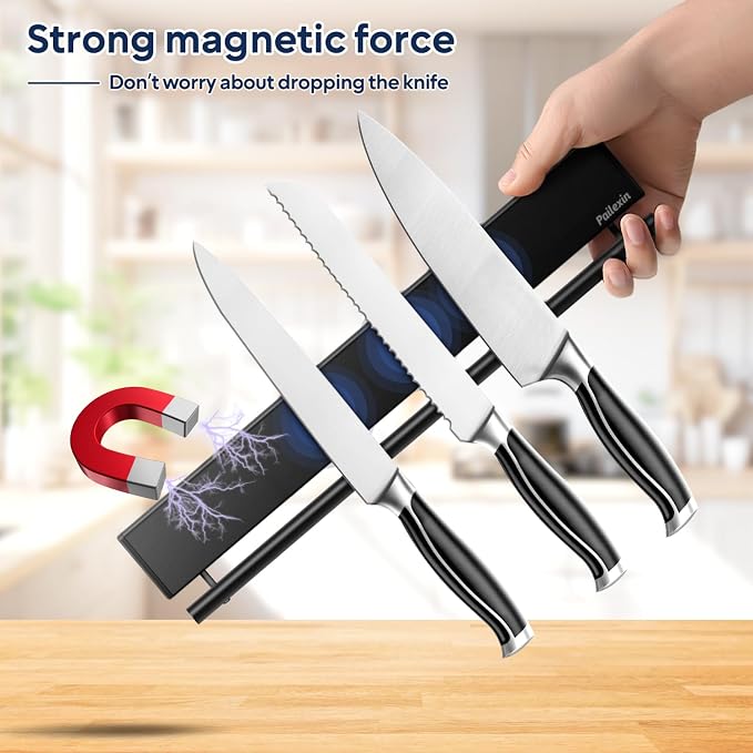 12 Inch Magnetic Knife Holder with 5 Hooks, No Drilling Black Magnetic Strip and Utensil Hanger for Wall - Image 4