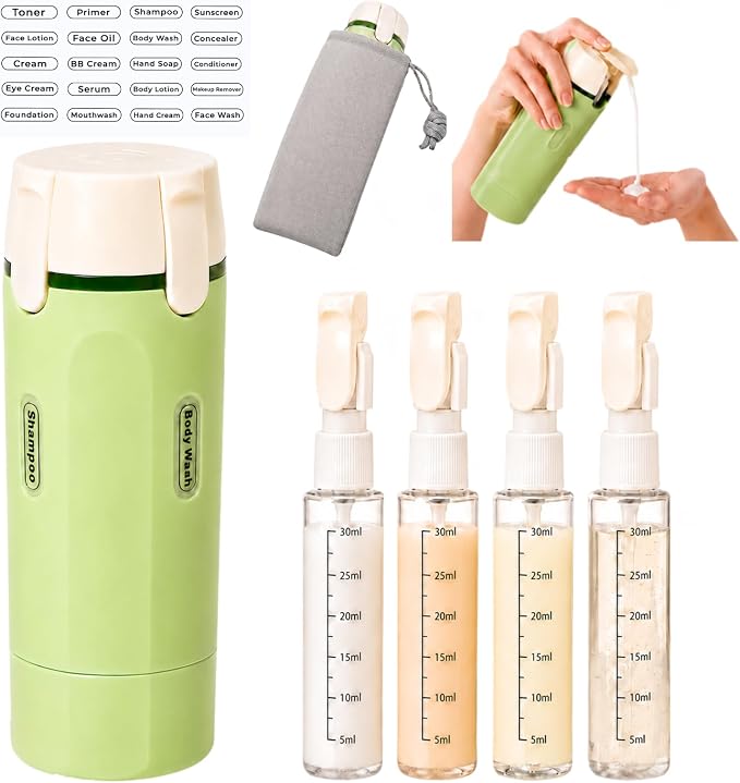 4 in 1 Travel Dispenser, Leak-Proof Travel Bottles with Storage Bag, 4 Refillable 30ml (1oz) Travel Containers for Toiletries, Portable Green Set for Shampoo, Body Wash, Lotion by Unknown