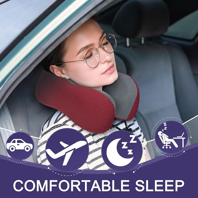 napfun Neck Pillow for Travel with Travel Pouch, Sleep Mask & Earplugs, Memory Foam Airplane Pillow for Headrest Sleep with Eyeshades, Plane Essentials with Eye Blindfold, Burgundy Striped Kit - Image 2