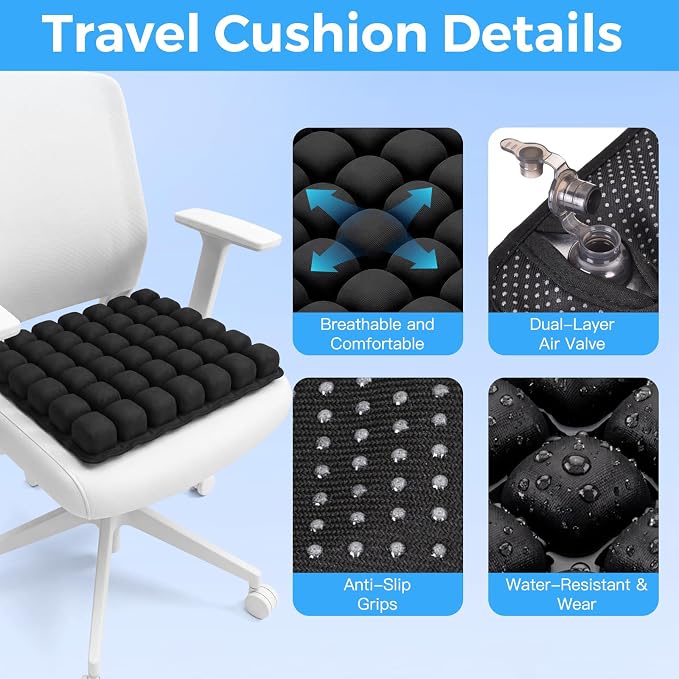 Sondour 42 Airbags Inflatable Travel Seat Cushion Airplane for Long Flight | Portable Airplane Gadgets Seat Cushions with Air Pump, Wheelchair Cushions,Pressure Relief Seat Cushion-1 Black - Image 5