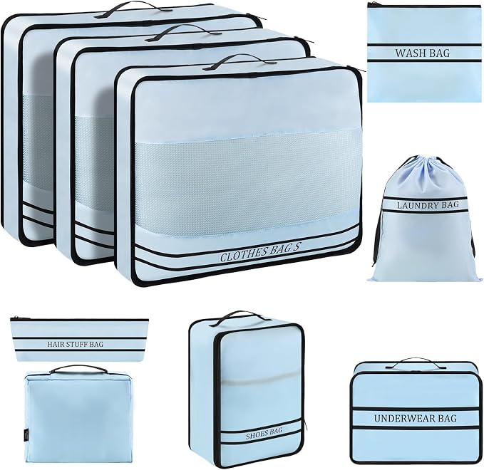 9 Set Packing Cubes Luggage Packing Organizers for Travel Accessories Space Saving Travel Bags for Carry On, Lightweight Mesh Zipper, Clothes, Shoes, Laundry and Shoe Bag, Suitcases (Blue) by Ougrand