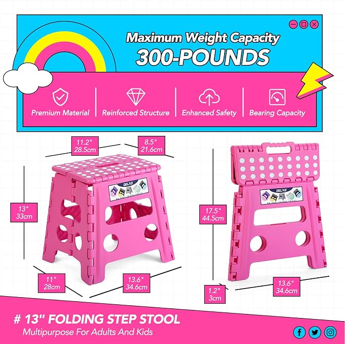 Delxo Folding Step Stool 13 Inch,300 Lbs Step Stool for Adults Pink | Foldable Step Stool 13",Non-Slip Foot Stools with Handle,Lightweight Collapsible stools for Kitchen,Bathroom,Bedroom,Garden - Image 2