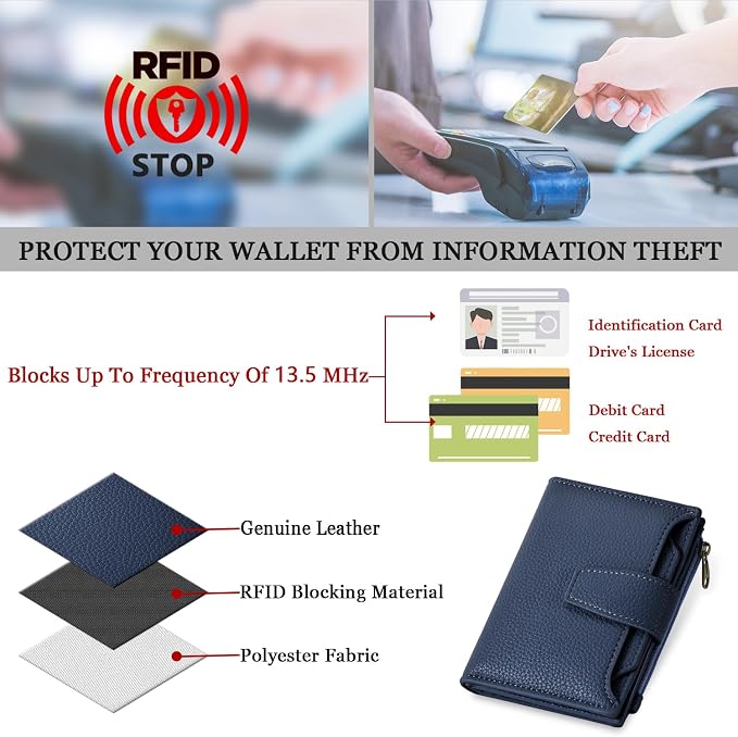 Small Wallet Women RFID Blocking Soft Leather Bifold Compact Card Holder Wallet for Women with Zipper Coin Pocket 4 ID Window - Image 6