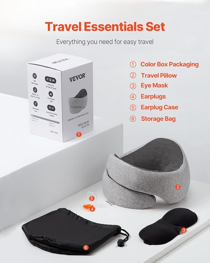 VEVOR Travel Pillow, Double-Layered 3D Support Neck Pillow for Traveling, 360° Flexible Rotation Upgraded Memory Foam Travel Neck Pillow with Eye Mask, Earplugs, Earplug Case, Storage Bag(Black-Gray) - Image 4