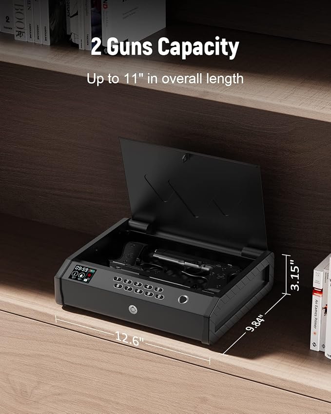 Gun Safe, Biometric Safes for Pistols with LCD Display of Time Battery, Fingerprint Quick Access Handgun Safe Pistol Bedside, Nightstand, Car, 2 Capacity - Image 7