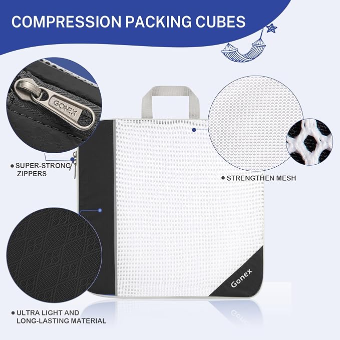 Gonex Compression Packing Cubes for Travel, Mesh Bags Luggage Organizers | Set of 4/5/6/7/10 for Essentials, Extensible, Fits 20"Carry-on Suitcases, See-through Mesh, Double Zipper Compression - Image 2