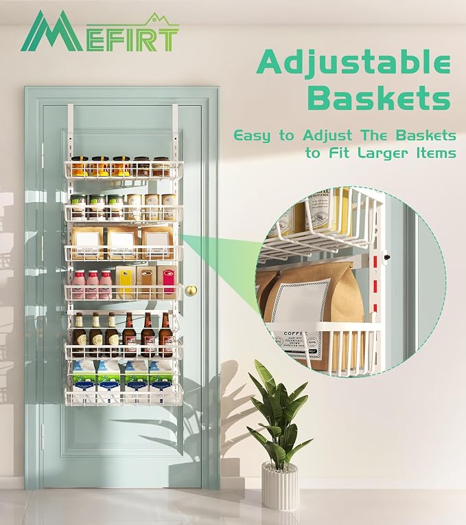 Mefirt Over The Door Pantry Organizer, Wall Mount Spice Rack 6-Tier White | Pantry Hanging Organizers and Storage, Adjustable Baskets Heavy-Duty Metal for Home & Kitchen, Back of Door Seasoning Rack - Image 3