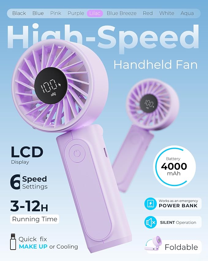 Peiyuu Portable Fan, 4000mAh USB Rechargeable, 180° Foldable Mini Desk Fan, 6 Wind Speed, LCD Digital Display, Lanyard as Neck Fan, Ultra Quiet, Pocket Size for Indoor Outdoor - Image 2