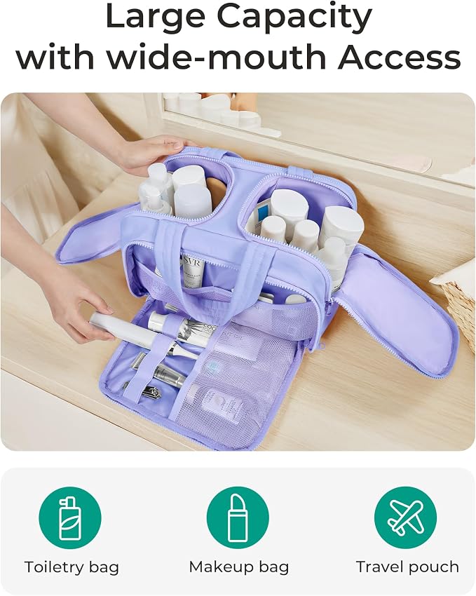 BAGSMART Travel Toiletry Bag, Crush Toiletry Bag for Women, Wide-open Puffy Toiletry Bags for Traveling, Large Travel Cosmetic Makeup Bag Organizer for Accessories,Toiletrie, Purple - Image 2