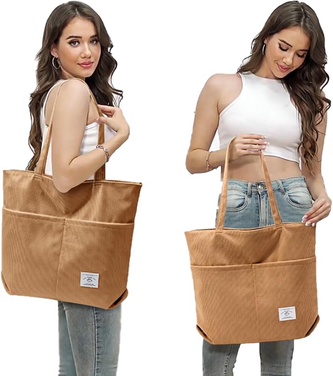 KALIDI Women Corduroy Tote Bag Zipper Casual Tote's Handbag Big Capacity Shoulder Bag with Pockets - Image 2