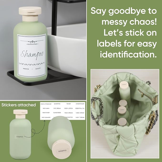 DEMORA 6.6oz Travel Bottles for Toiletries, Larger Plastic Travel Squeeze Bottles Leak Proof Refillable Toiletry Containers with Flip Caps and Labels for Shampoo Conditioner Lotion (Green, 4 Pcs) - Image 3