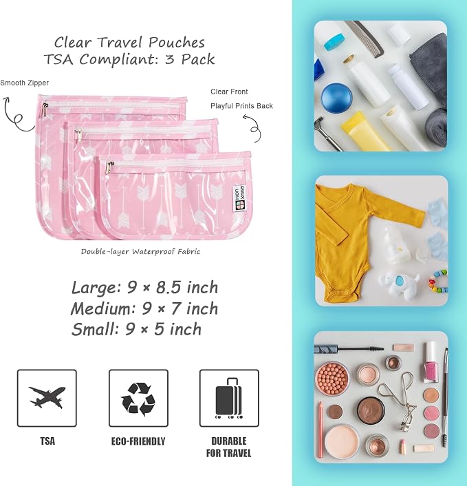 HIONXMGA Set of 3 Clear Travel Toiletry Bag, TSA Approved, Quart Size S/M/L | Clear Front Zipper Pouches Waterproof Cosmetics Bags for Women Kids Toiletries Baby Essentials Well-Organized Carry, Arrow B - Image 6