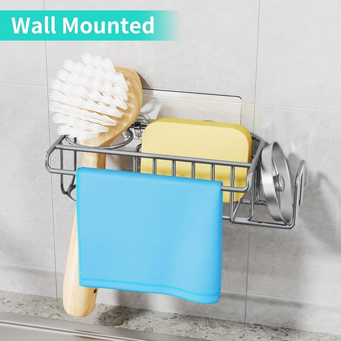 HapiRm Sink Caddy Sponge Holder - No Drill Sponge Holder for Kitchen Sink, Rustproof and Waterproof Kitchen Organizer - Grey - Image 4
