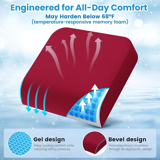 Wheelchair Seat Cushion for Pressure Relief, Cooling Gel Memory Foam Chair Cushion with Slope-Edge Design, Coccyx Support for Tailbone Pain, Non-Slip, for Wheelchairs, Office Chairs & Car Seats, Red - Image 6