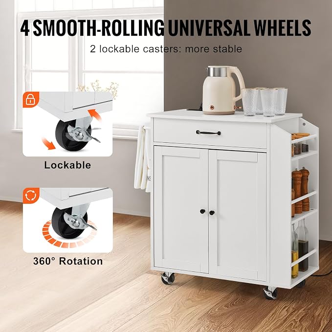 VEVOR Kitchen Island Cart, 32" Mobile Carts with Storage Cabinet, Rolling Table with Power Outlet, Spice Rack, Towel Bar, Adjustable Shelf, Drawer, Dining Living Room Portable Islands on Wheels, White - Image 4