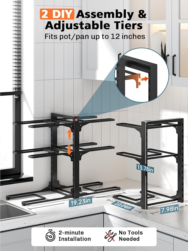MUDEELA 6-Tier Heavy Duty Pots and Pans Organizer under Cabinet, 13.78" H | Work as a Single or Double-sided, Adjustable Pot Rack for Frying Pan, Cast Iron Skillet, Fits Various Cookware up to 12" - Image 3