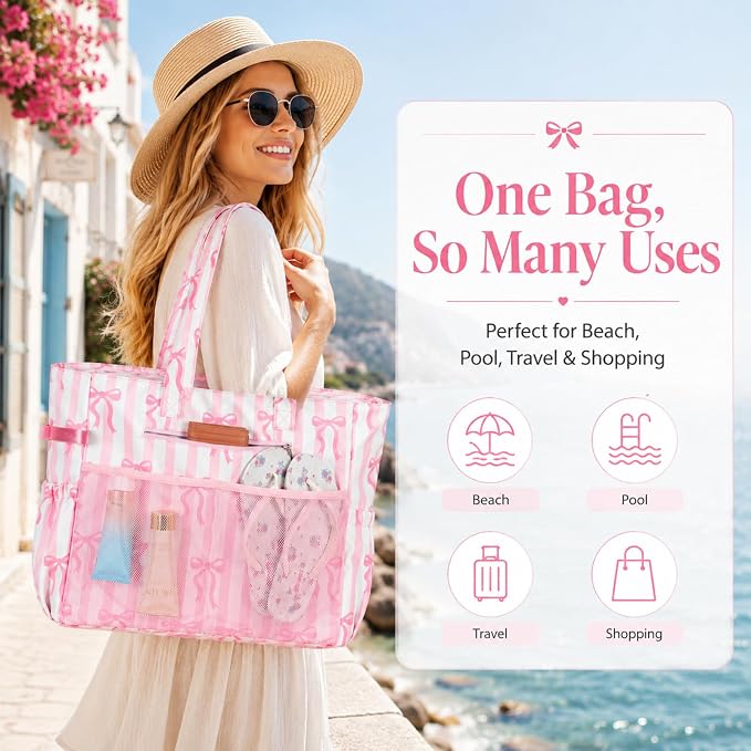 LEDAOU Beach Bag Waterproof Sandproof Women Beach Tote Pool Bag with Zipper for Swim Gym Grocery Travel with Wet Pocket | Sandproof - Image 5