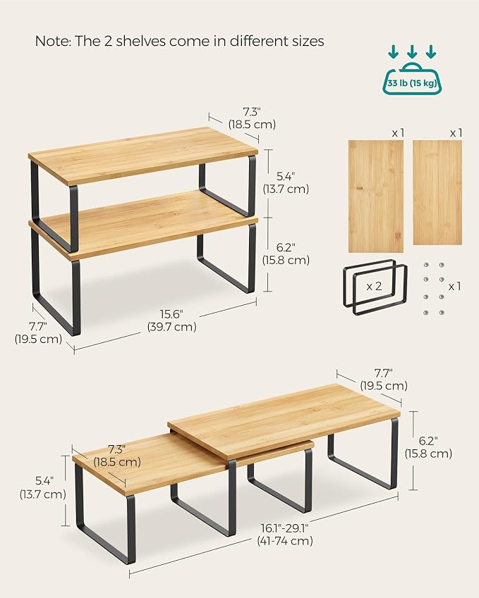 SONGMICS Cabinet Organizer Shelf, Set of 2 Spice Rack, Kitchen Storage | Kitchen Counter Storage Spice Rack, Bamboo, Steel, Light Bamboo and Matte Black, BYSTRO Collection UKCS200B01 - Image 6