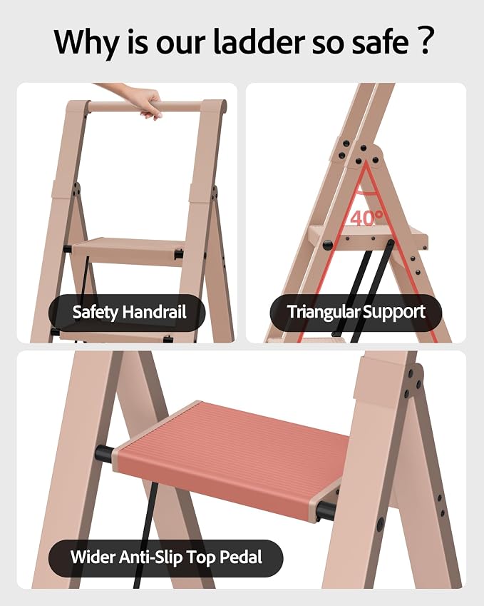 Taranta 4 Step Ladder,Aluminum Step Stool Foldable-Peach Pink | Lightweight Folding Ladder with Convenient Handgrip,Wide Top Pedal,330lbs Capacity Stepladder for Home,Office,Kitchen - Image 3