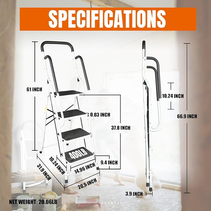 Jack Boss 4 Step Ladder, Requires Simple Installation, Folding Lightweight Step Stool with Handrails and Wide Anti-Slip Pedal for Home, Kitchen and Garage, Service Height 37.8 inch, 400 lbs Capacity - Image 3