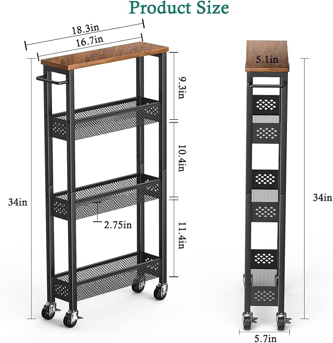XYZLVSI Utility Slim Storage Cart on Wheels, 4 Tier Laundry Room Organizers | 5" W narrow shelf for small spaces, skinny rolling cart with wooden top and metal handle for kitchen/bathroom/Office/Dorm - Image 5